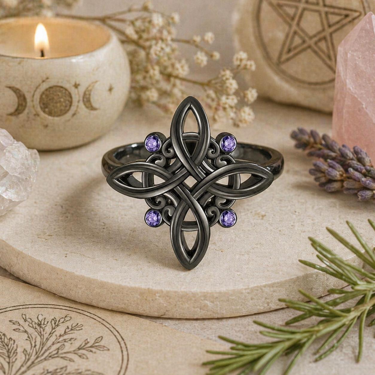 Witchcraft Celtic Knot Ring Mystical Purple Zircon Black 925 Silver Ring Witchy Jewelry-MoonChildWorld