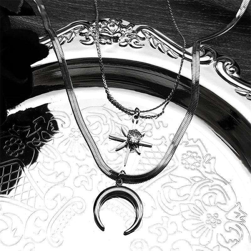 Witchcraft Crescent Moon Rhinestone Star Double-layer Choker Necklace-MoonChildWorld