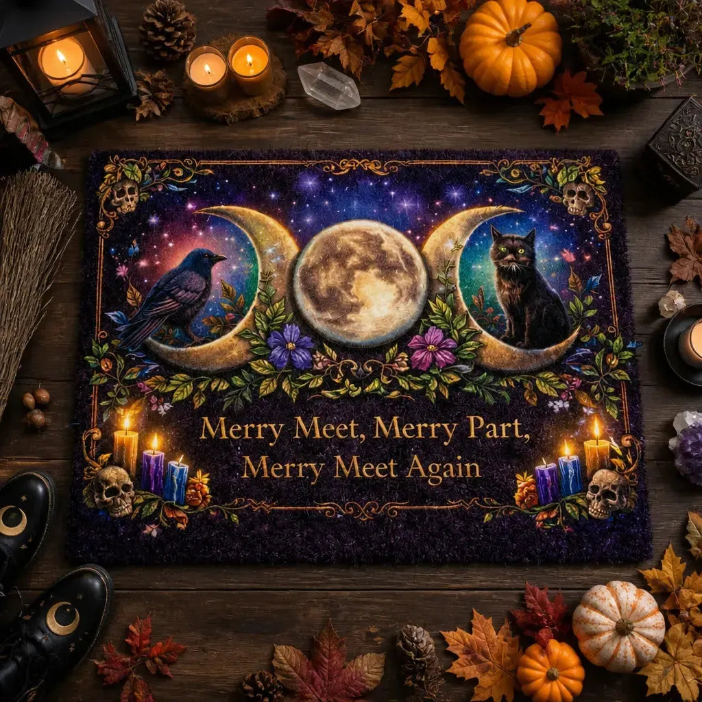 Witchcraft Doormat with Triple Moon, Black Cat & Raven – Wicca Welcome Mat for Mystical Decor_mockup_3.webp