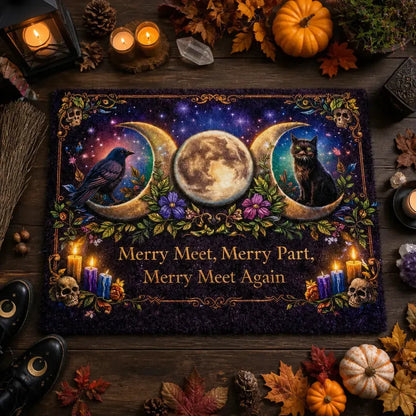 Witchcraft Doormat with Triple Moon, Black Cat & Raven – Wicca Welcome Mat for Mystical Decor_mockup_3.webp