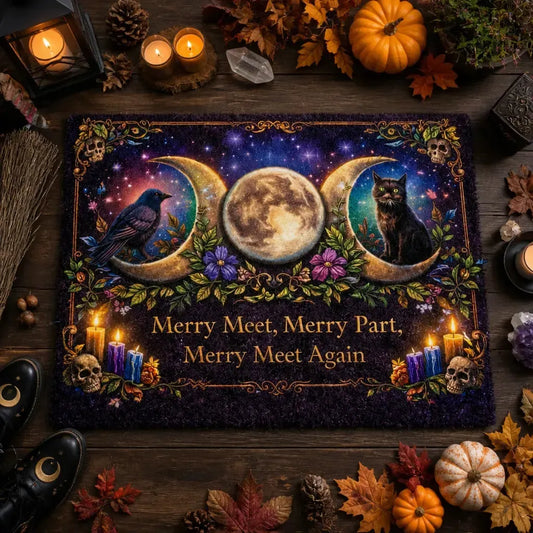Witchcraft Doormat with Triple Moon, Black Cat & Raven – Wicca Welcome Mat for Mystical Decor_mockup_3.webp