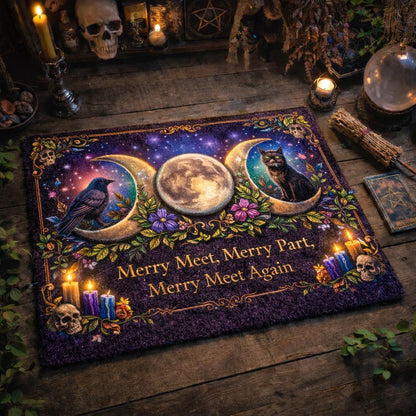 Purple witchcraft doormat with triple moon, black cat, raven, and "Merry Meet, Merry Part, Merry Meet Again" text.