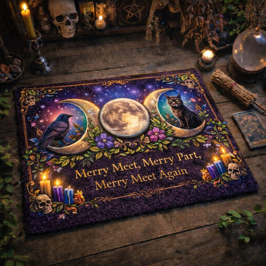 Witchcraft Doormat with Triple Moon, Black Cat & Raven – Wicca Welcome Mat for Mystical Decor-MoonChildWorld
