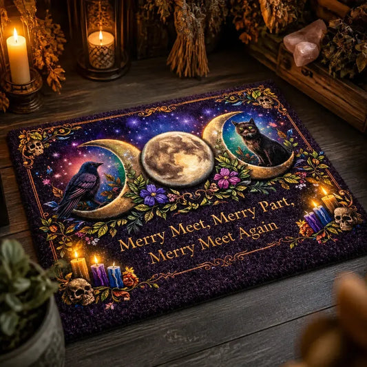 Witchcraft Doormat with Triple Moon, Black Cat & Raven – Wicca Welcome Mat for Mystical Decor_mockup_2.webp