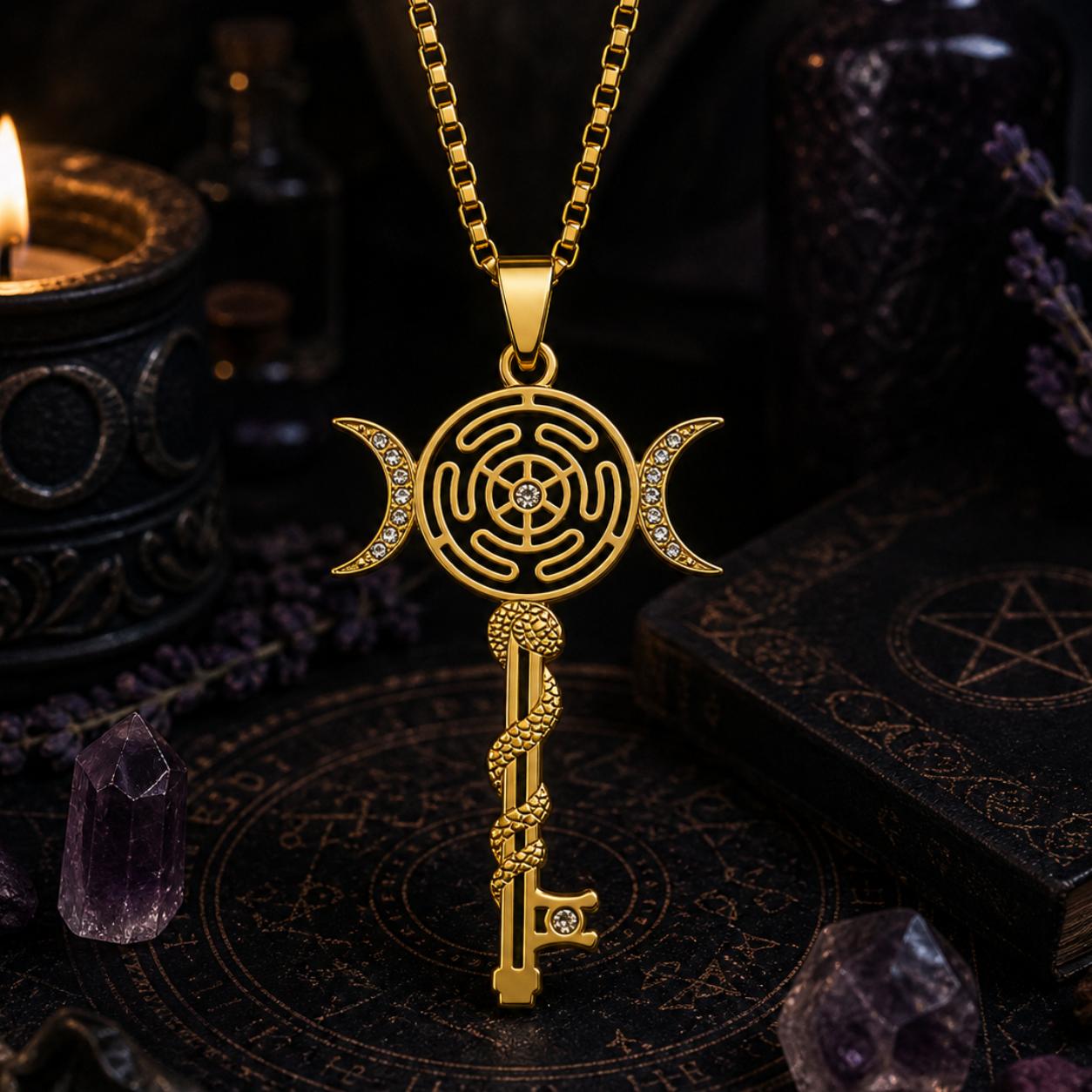 Witchcraft Hecate Wheel Necklace - Key Snake Triple Moon Goddess Pendant Witchy Jewelry-MoonChildWorld