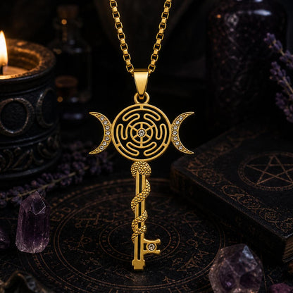 Witchcraft Hecate Wheel Necklace - Key Snake Triple Moon Goddess Pendant Witchy Jewelry-MoonChildWorld