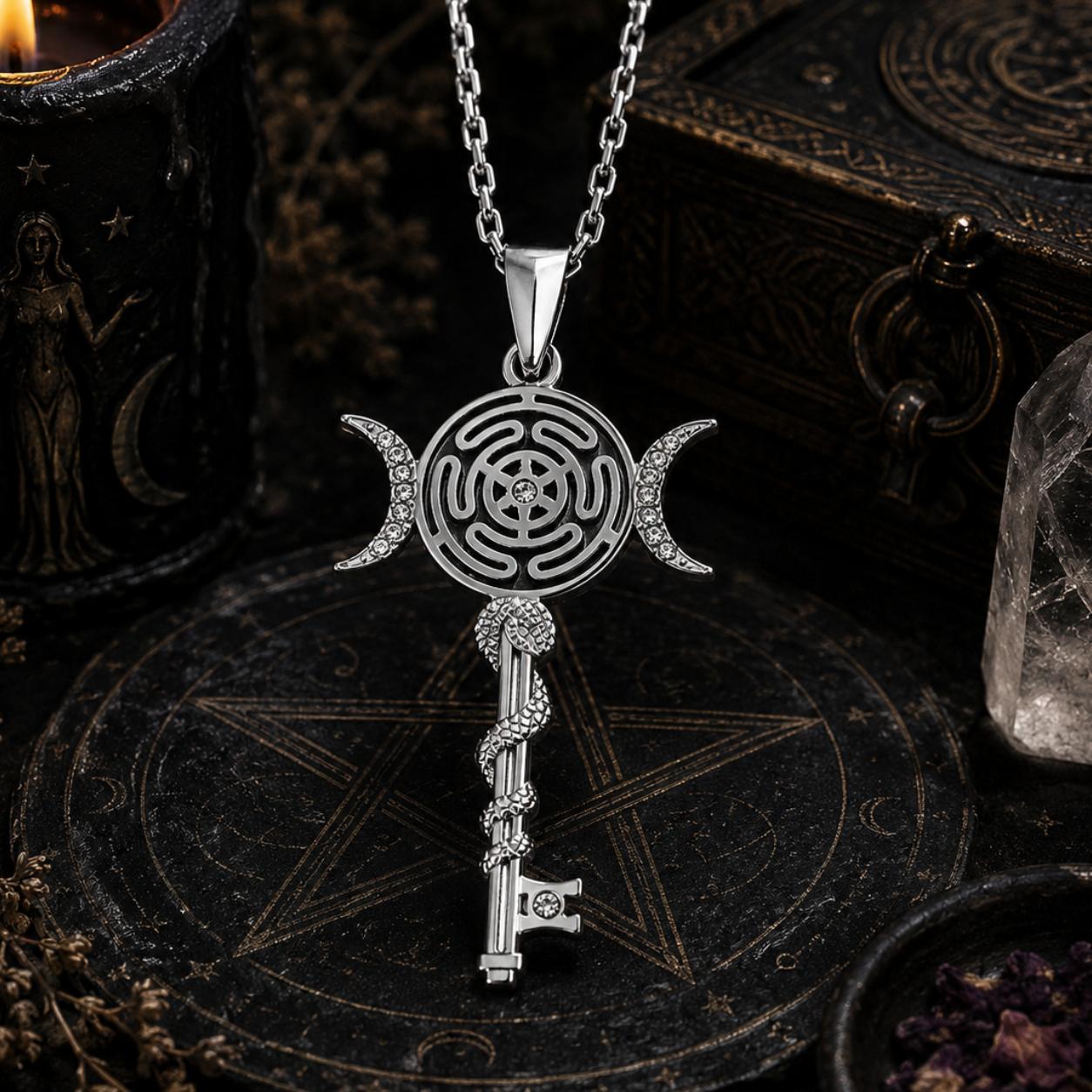 Witchcraft Hecate Wheel Necklace - Key Snake Triple Moon Goddess Pendant Witchy Jewelry-MoonChildWorld