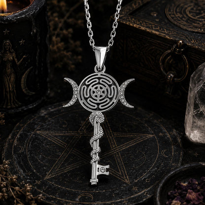Witchcraft Hecate Wheel Necklace - Key Snake Triple Moon Goddess Pendant Witchy Jewelry-MoonChildWorld