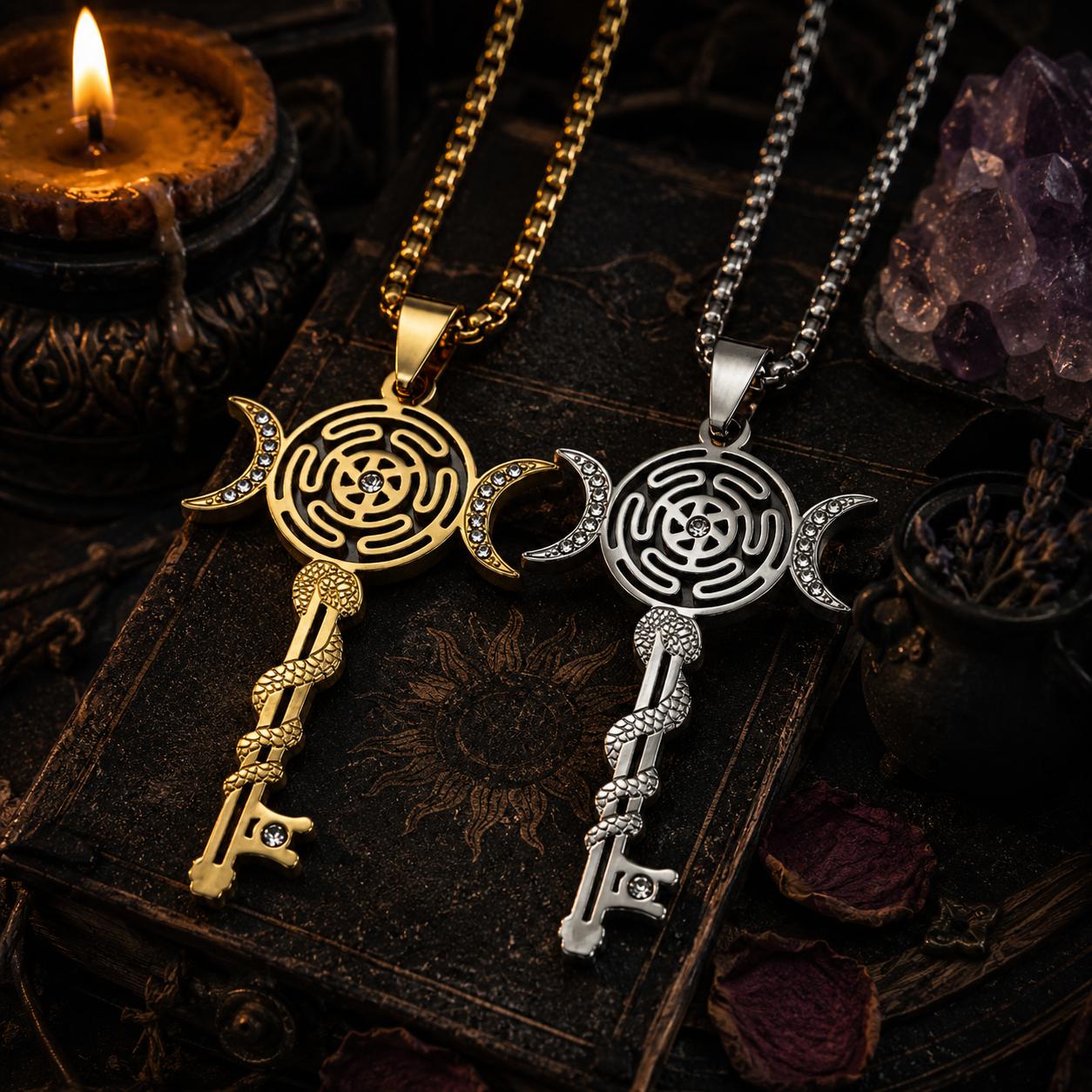 Witchcraft Hecate Wheel Necklace - Key Snake Triple Moon Goddess Pendant Witchy Jewelry-MoonChildWorld