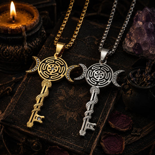 Witchcraft Hecate Wheel Necklace - Key Snake Triple Moon Goddess Pendant Witchy Jewelry-MoonChildWorld
