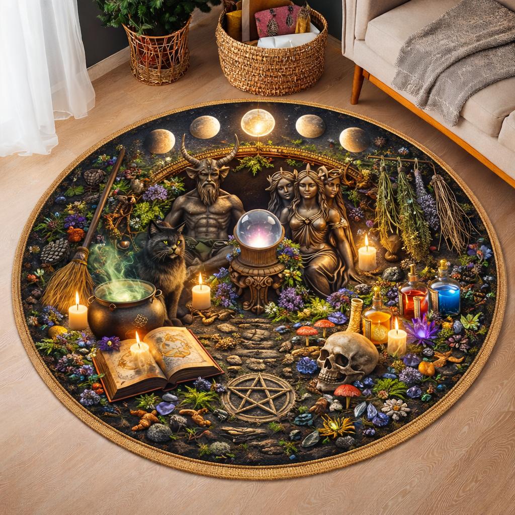 Round pagan rug with Baphomet, goddesses, black cat, cauldron, skull, pentacle, and moon phases.