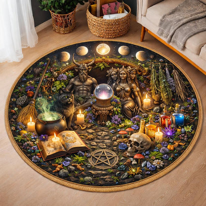 Round pagan rug with Baphomet, goddesses, black cat, cauldron, skull, pentacle, and moon phases.