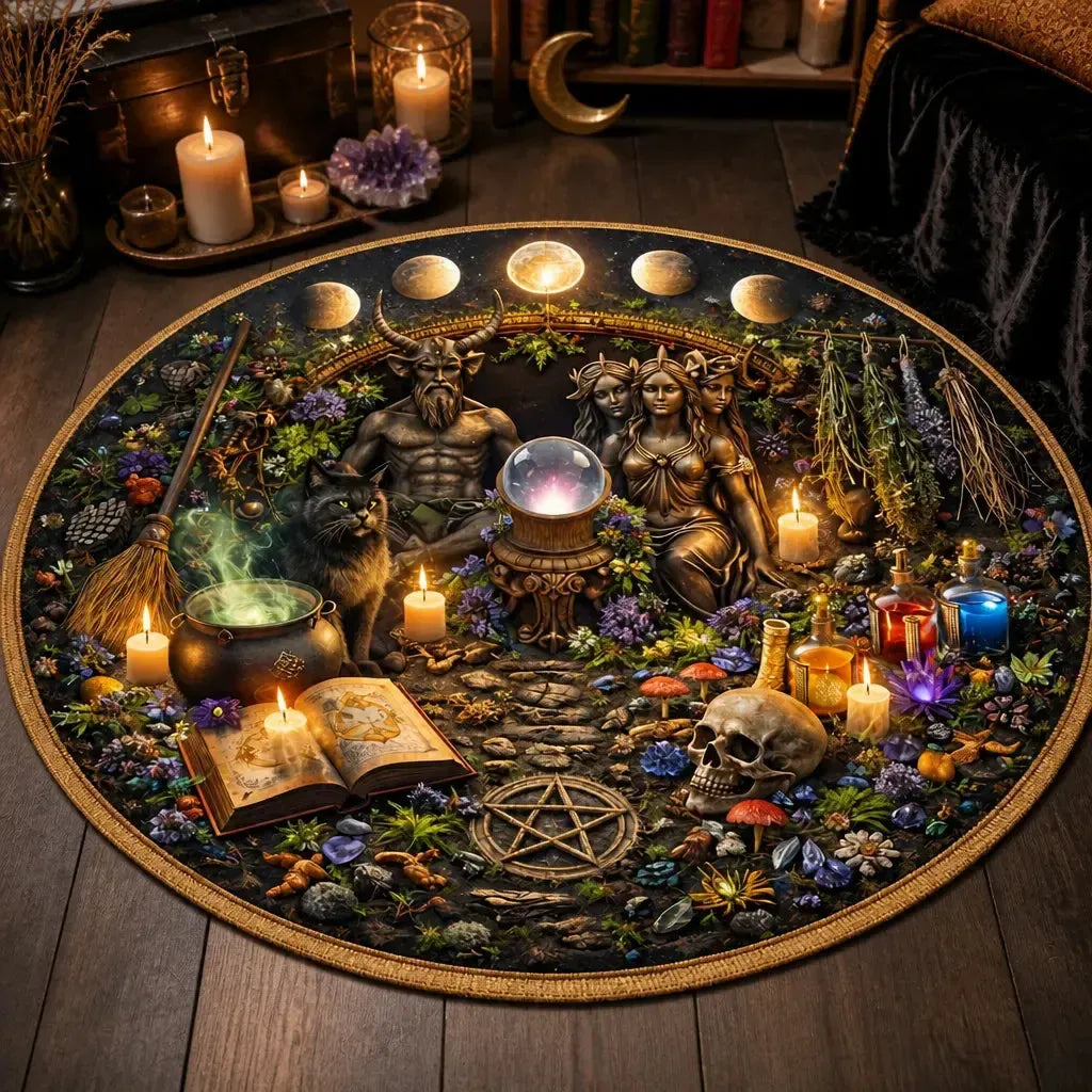 Witchcraft Pagan Round Rug Witchy Carpet for Wiccan Home Decor_mockup_3.webp