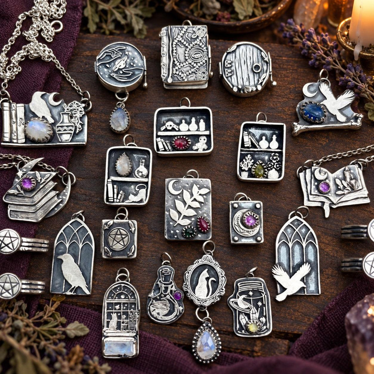 Witchcraft pendant necklaces: raven, crow, grimoire, potion bottle and apothecary shelf charms on a witchy altar