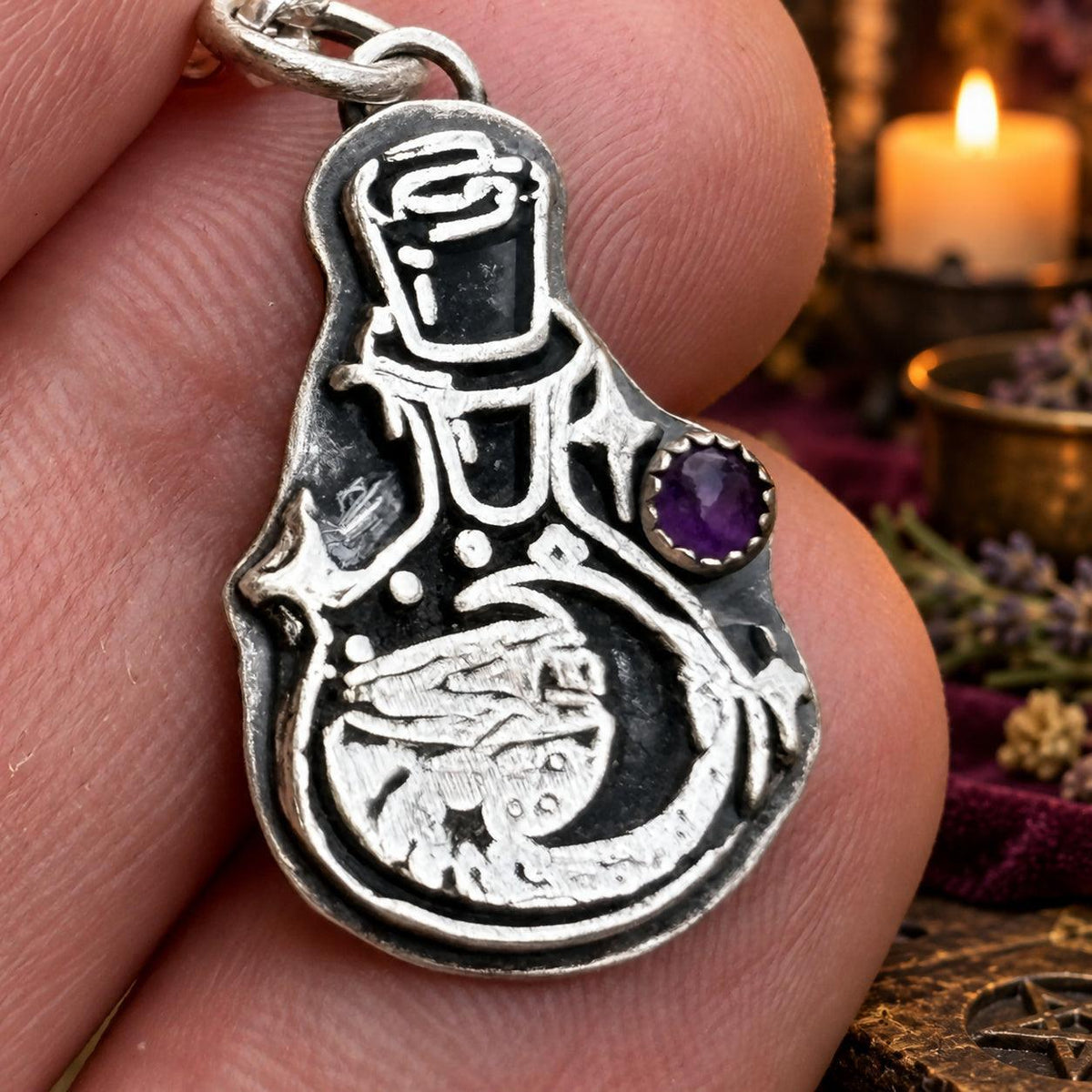 Dragon potion bottle pendant necklace with purple amethyst - gothic witch jewelry