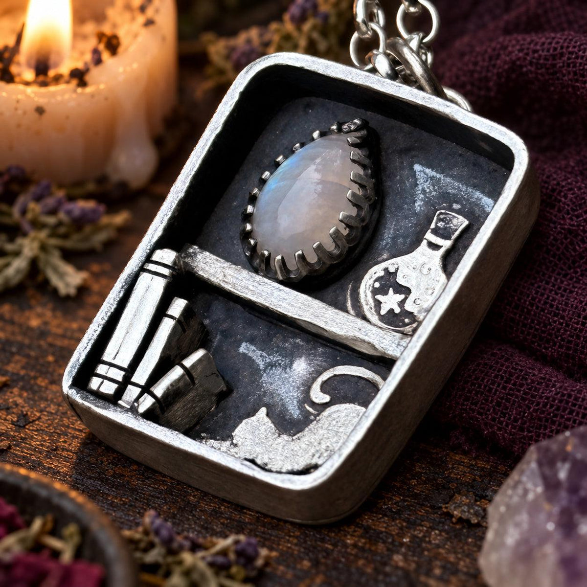 Apothecary shelf pendant necklace with books, potion bottle, cat and moonstone - witchcraft jewelry