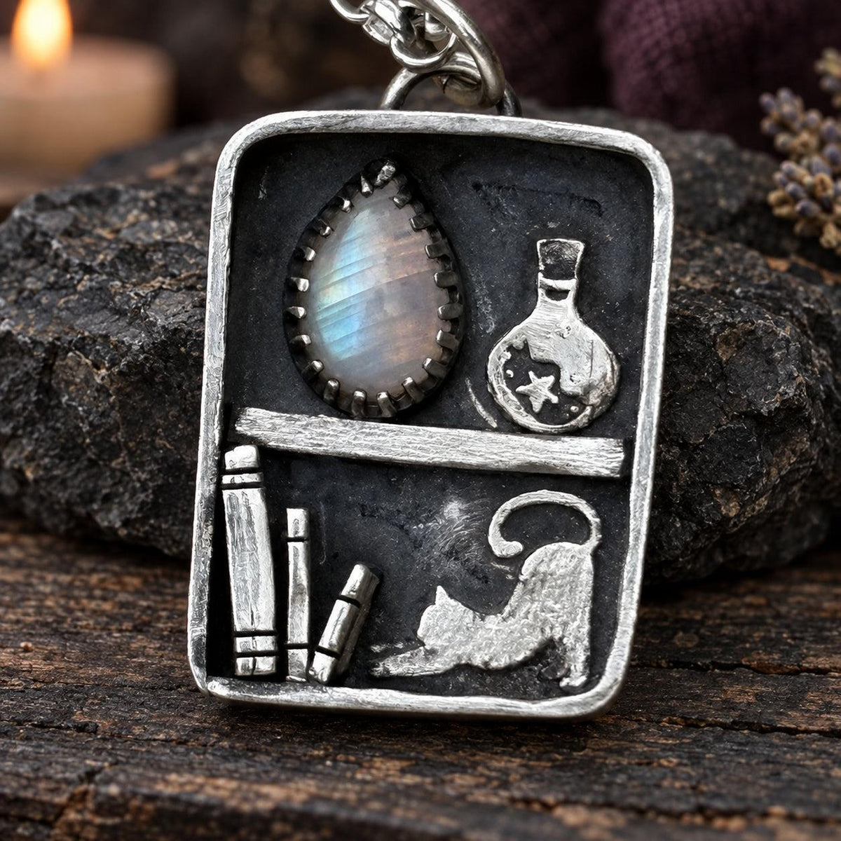 Cat apothecary shelf pendant necklace with moonstone, potion bottle and books - witchcraft jewelry