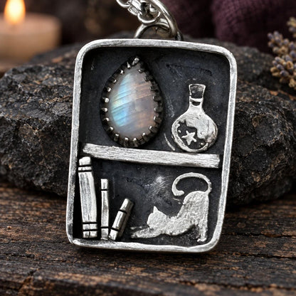 Cat apothecary shelf pendant necklace with moonstone, potion bottle and books - witchcraft jewelry
