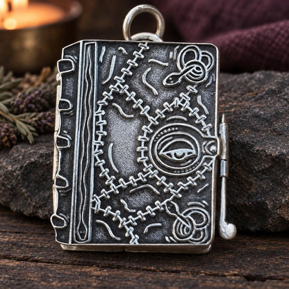 Occult eye grimoire pendant necklace with ornate chain-link cover - gothic witch jewelry