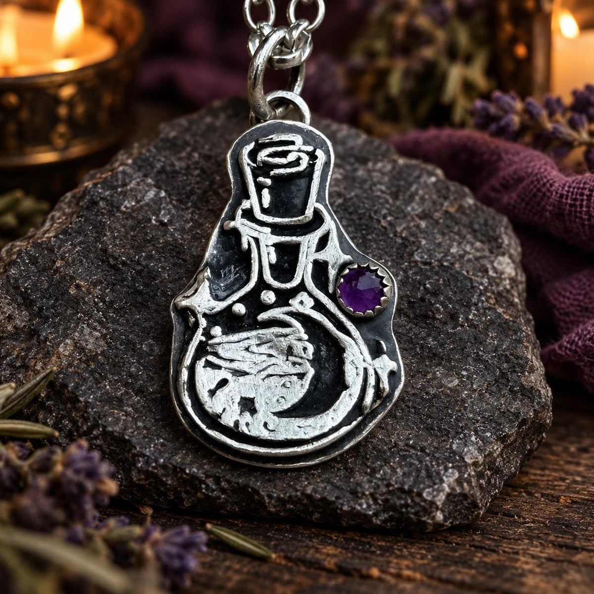 Dragon potion bottle pendant necklace with purple amethyst on stone - gothic witch jewelry
