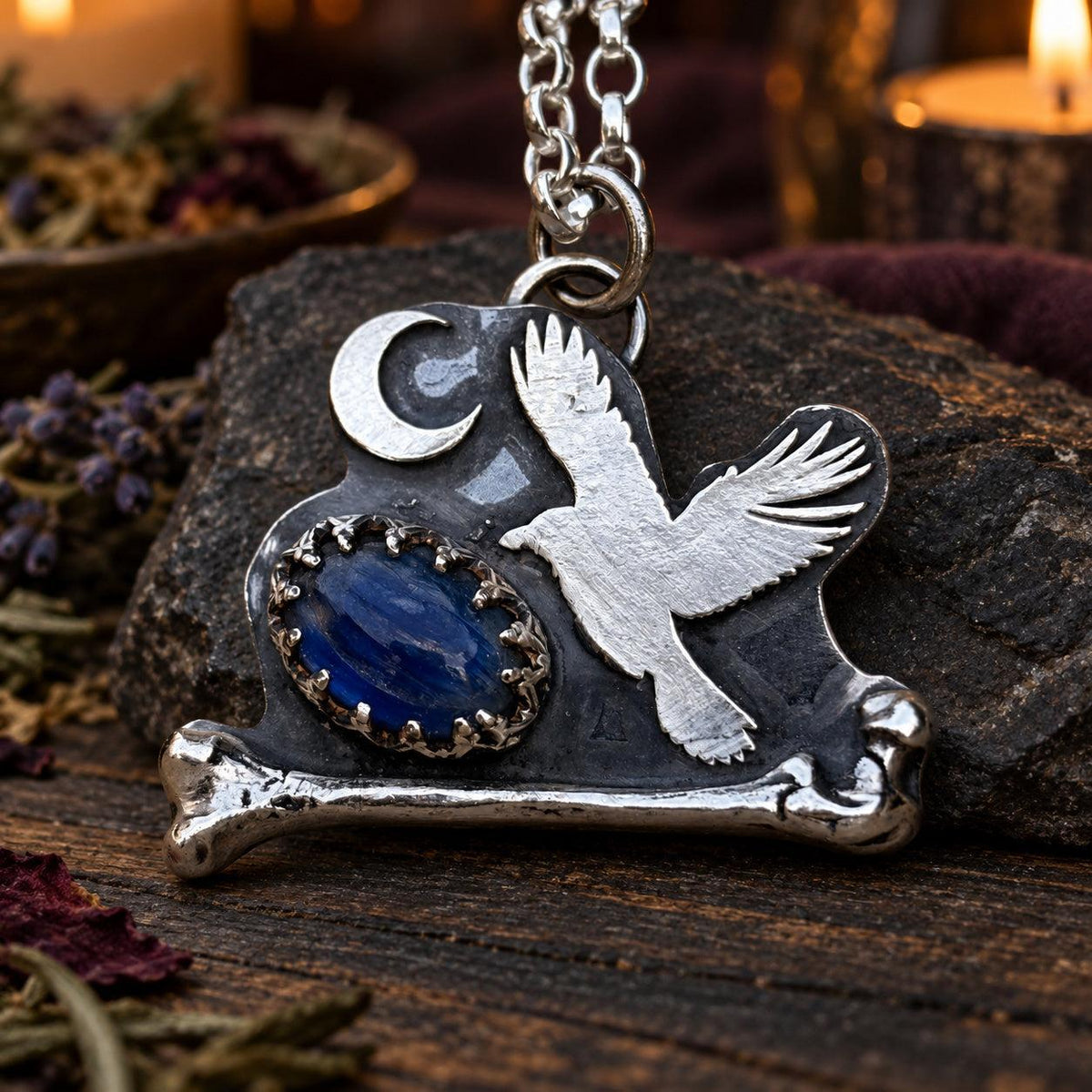 Crow and crescent moon pendant necklace with blue kyanite on a bone - wiccan jewelry