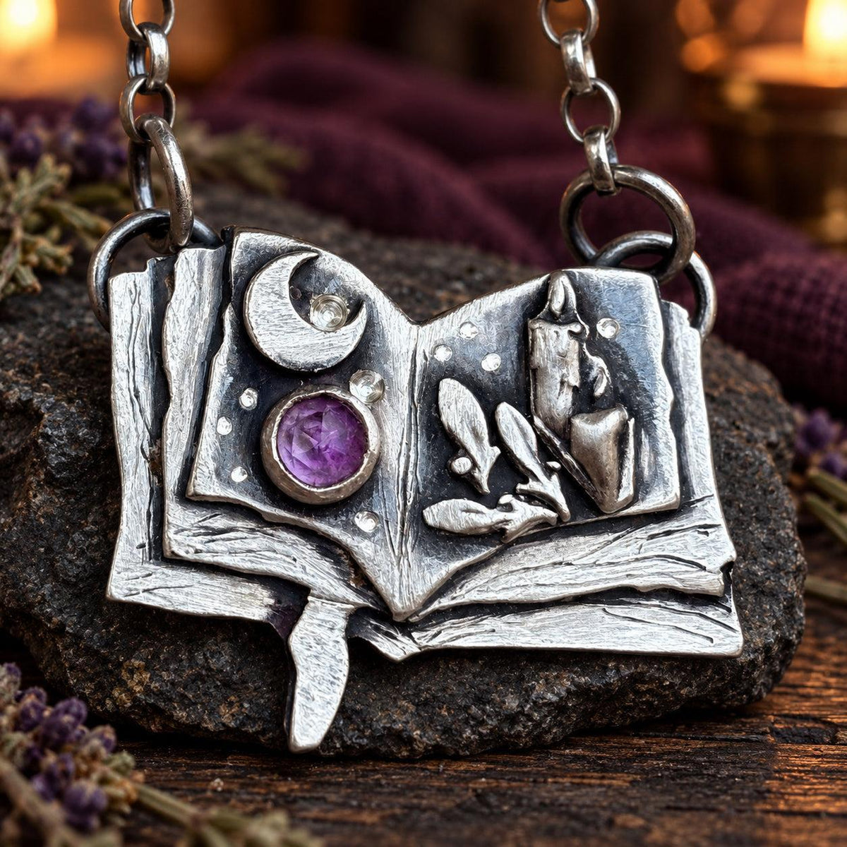 Open grimoire pendant necklace with crescent moon, amethyst and a cat - witchy book jewelry