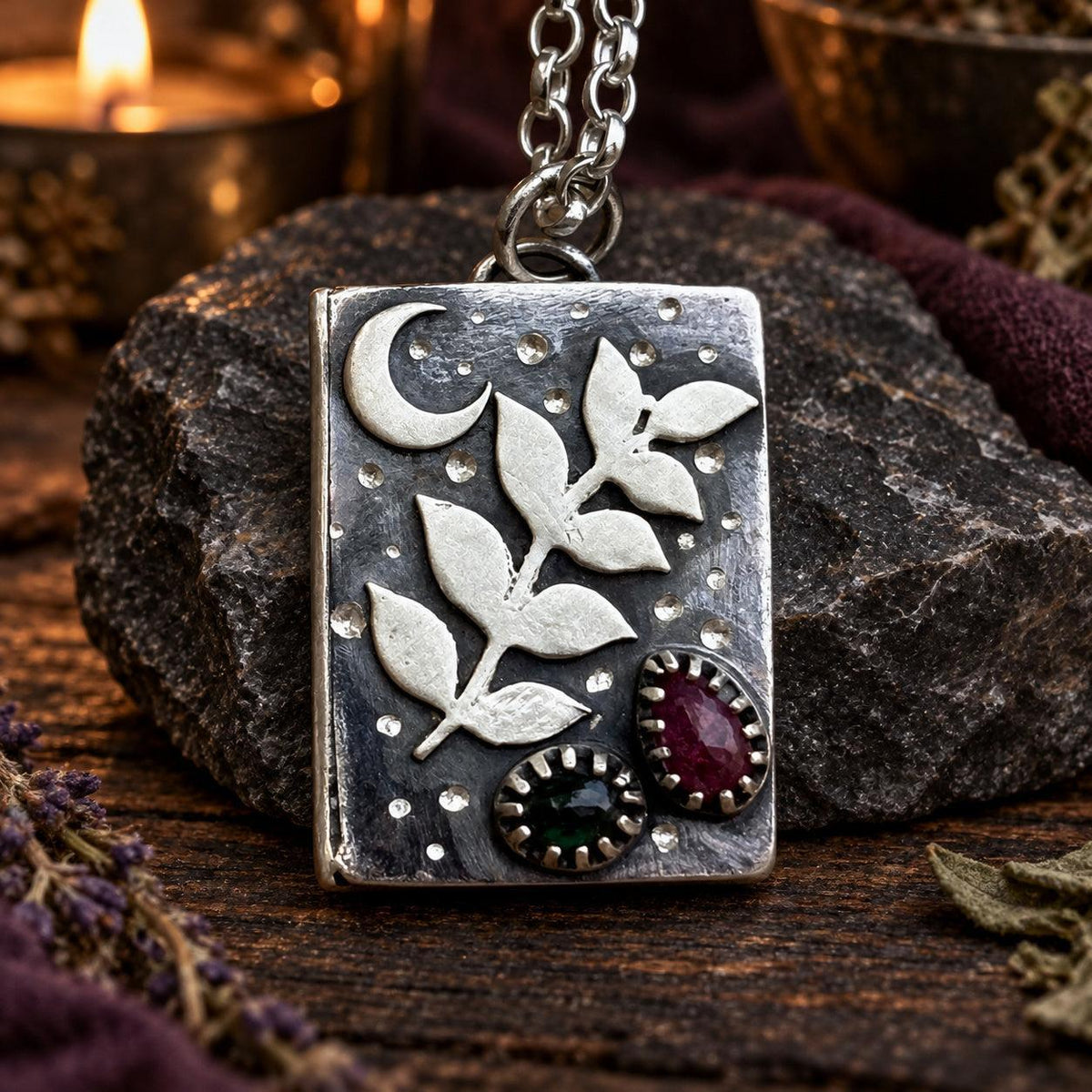 Herbal grimoire pendant necklace with leaf sprig, crescent moon and colored gemstones - wiccan jewelry