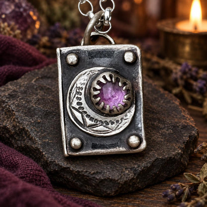 Crescent moon amethyst pendant necklace in a rectangular frame with raised corner studs - witchy jewelry