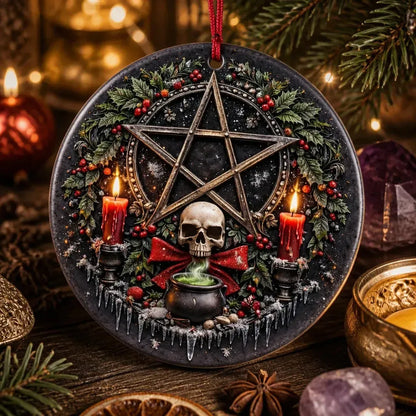Witchcraft Pentacle Skull Yule Ceramic Ornament – Gothic Wiccan Tree Decor_mockup_2.webp
