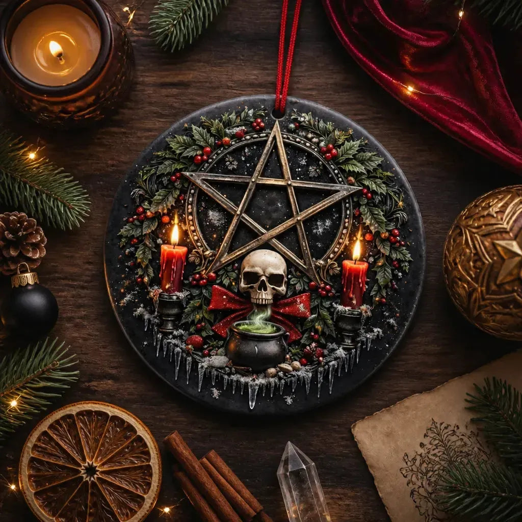 Witchcraft Pentacle Skull Yule Ceramic Ornament – Gothic Wiccan Tree Decor_mockup_3.webp