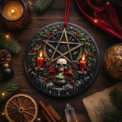 Witchcraft Pentacle Skull Yule Ceramic Ornament – Gothic Wiccan Tree Decor_mockup_3.webp