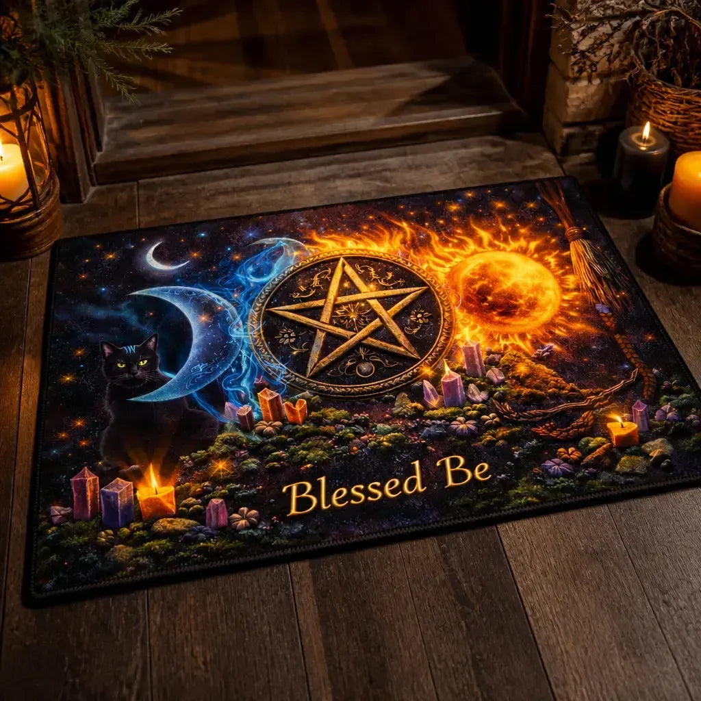 Witchcraft Pentacle, Sun & Moon Doormat – Celestial Wicca Welcome Mat for Pagan Home_mockup_2.webp