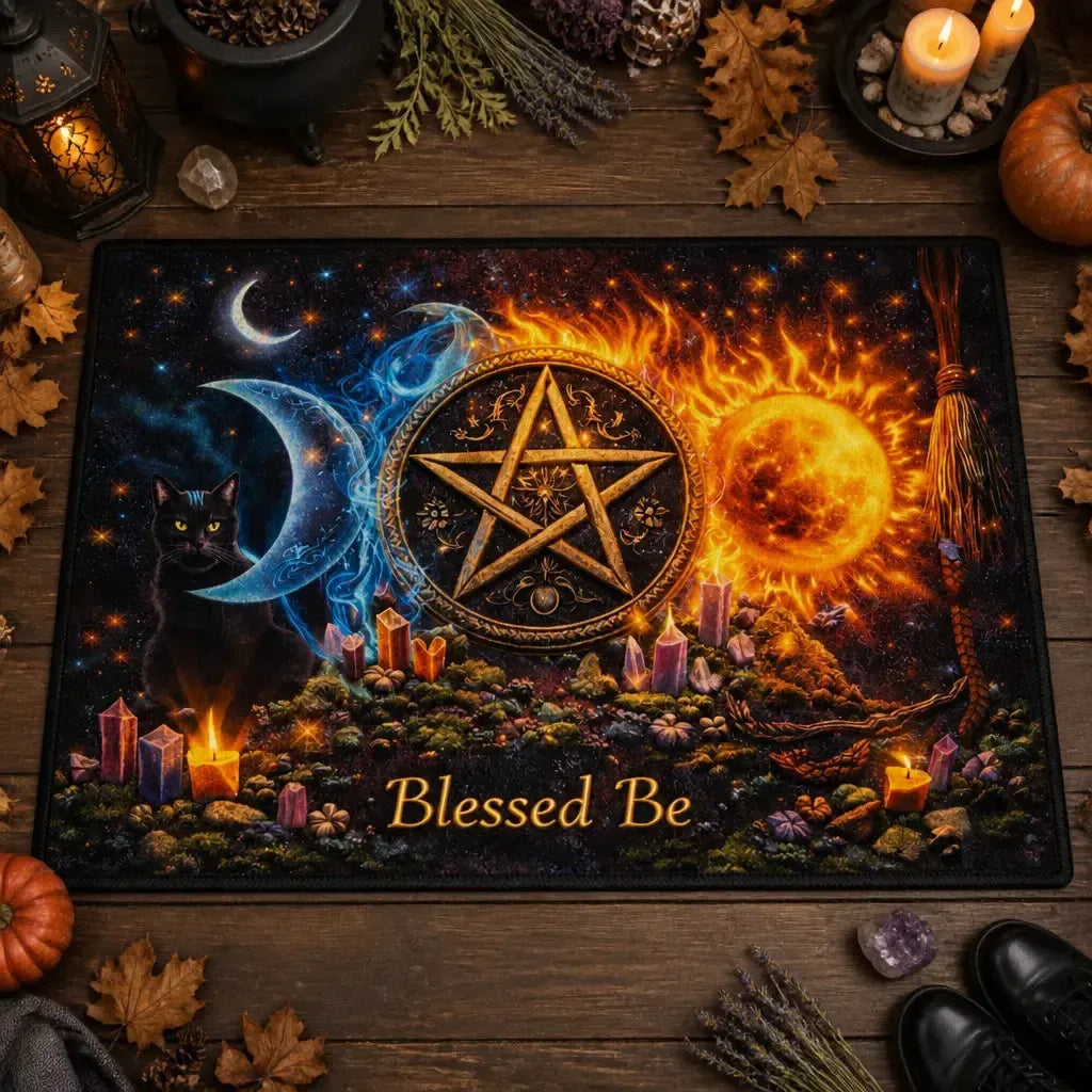 Witchcraft Pentacle, Sun & Moon Doormat – Celestial Wicca Welcome Mat for Pagan Home_mockup_3.webp