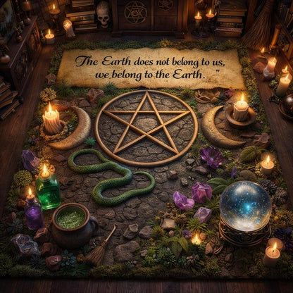 Witchcraft pentacle triple moon area rug with mystical symbols, candles, and a nature quote.
