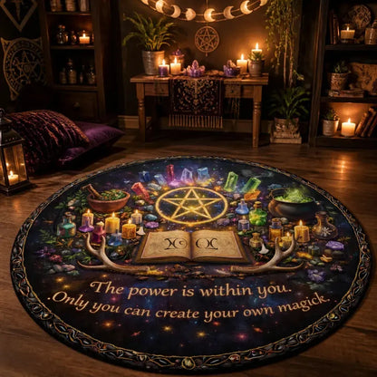 Witchcraft Pentacle Wiccan Round Rug Pagan Carpet for Witchy Yule Home Decor_mockup_1.webp