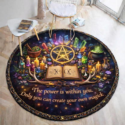 Dark blue round Wiccan rug with a glowing pentacle, crystals, potions, candles, and an open spell book.