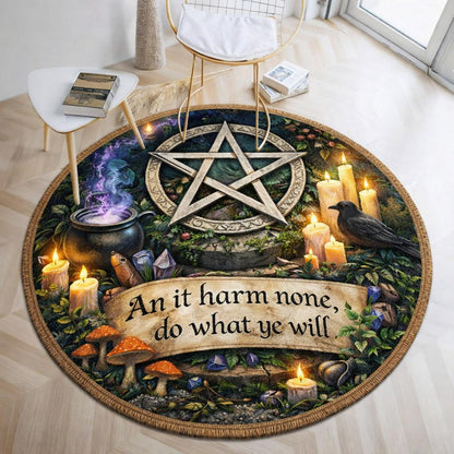 Round Wiccan rug with a central pentacle, raven, candles, cauldron, mushrooms, and "An it harm none, do what ye will" text.