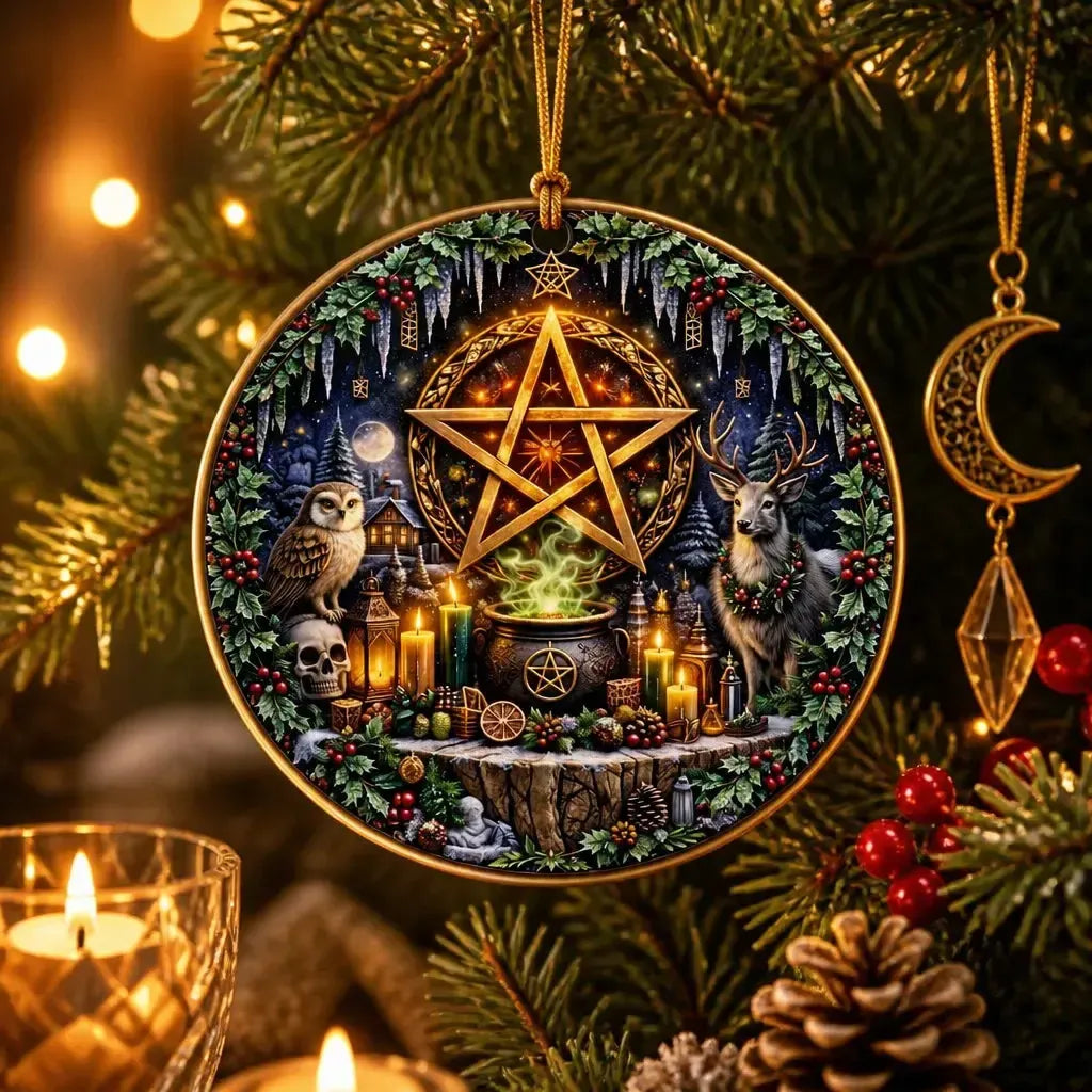 Witchcraft Pentacle Yule Ceramic Ornament – Pagan Wiccan Christmas Decor_mockup_1.webp