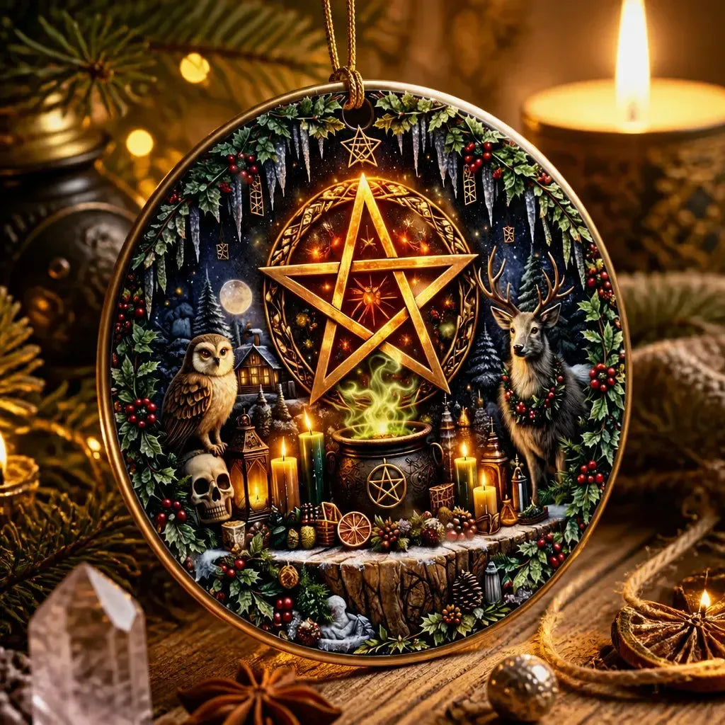 Witchcraft Pentacle Yule Ceramic Ornament – Pagan Wiccan Christmas Decor_mockup_2.webp