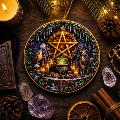 Witchcraft Pentacle Yule Ceramic Ornament – Pagan Wiccan Christmas Decor_mockup_3.webp