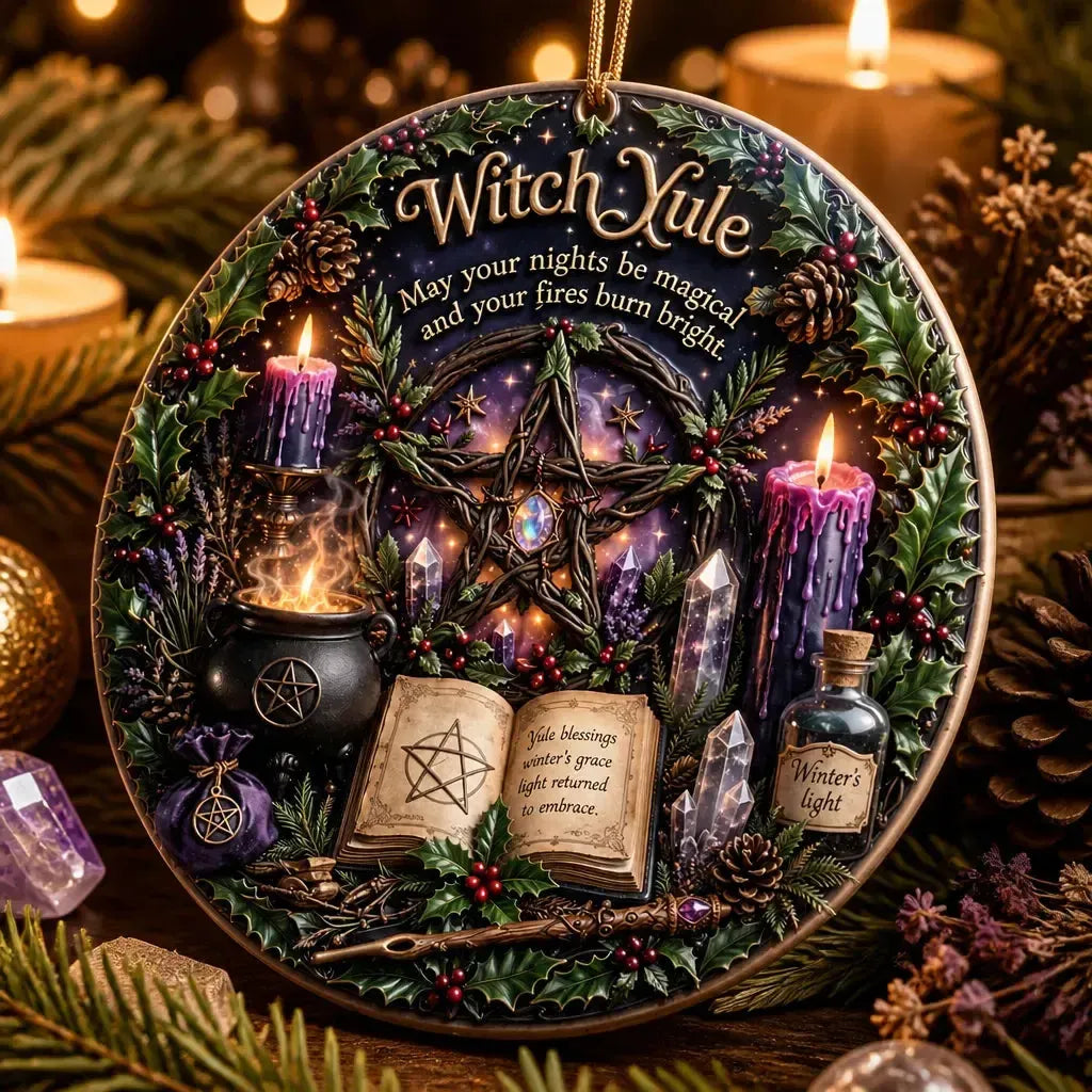 Witchcraft Pentacle Yule Ceramic Ornament – Wicca and Pagan Christmas Decor_mockup_2.webp