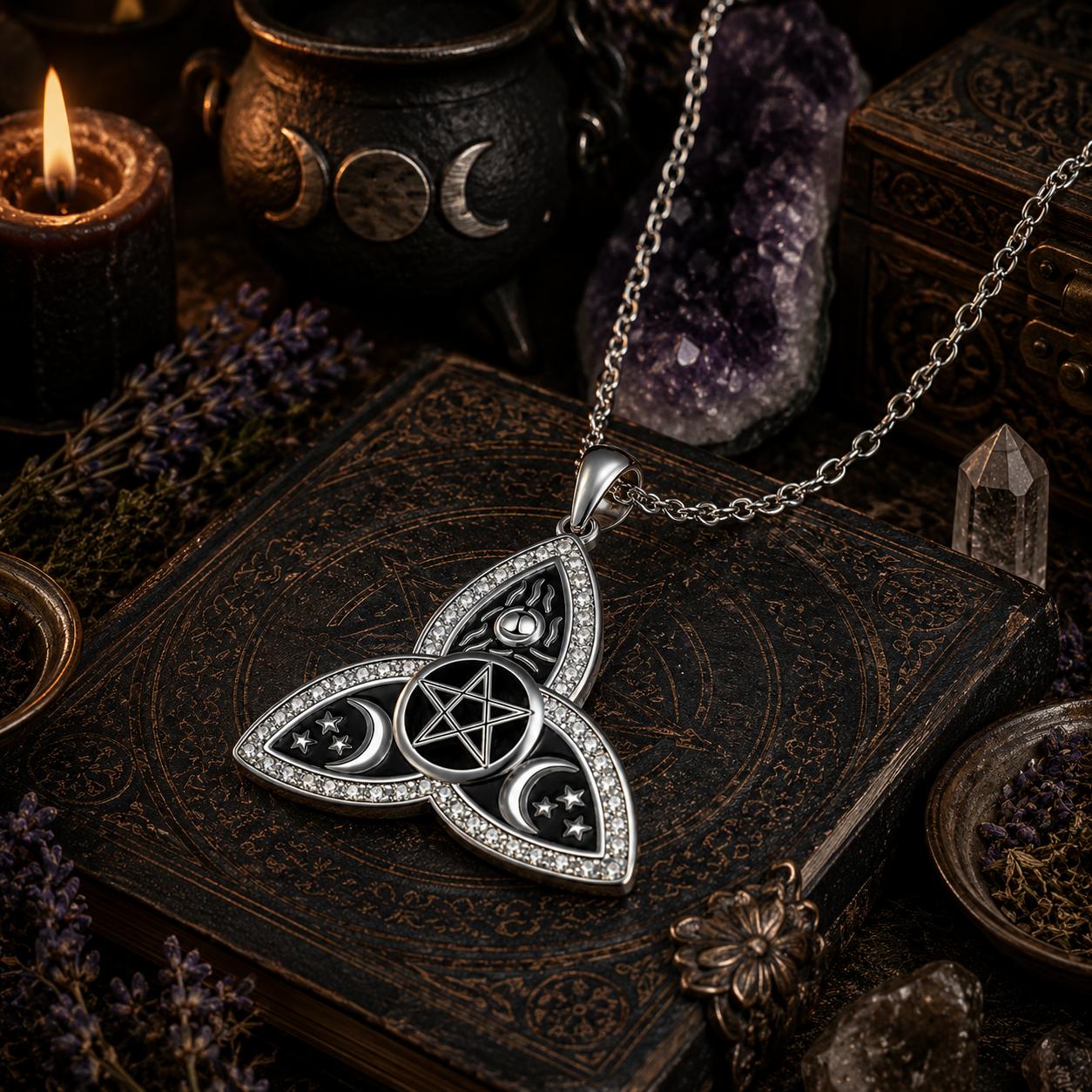 Witchcraft Pentagram Moon Triquetra Celtic Knot Necklace - Wicca Pagan Trinity Knot Jewelry-MoonChildWorld