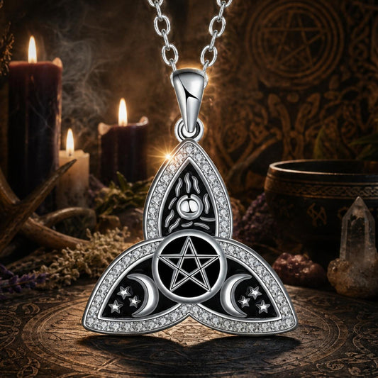 Witchcraft Pentagram Moon Triquetra Celtic Knot Necklace - Wicca Pagan Trinity Knot Jewelry-MoonChildWorld