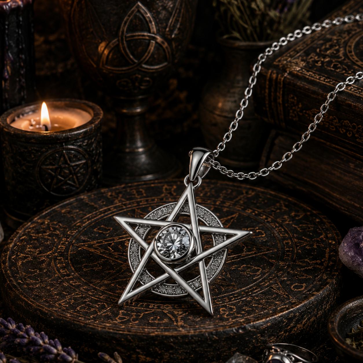 Witchcraft Pentagram Pendant Necklace with Clear Cubic Zirconia Wicca Jewelry-MoonChildWorld
