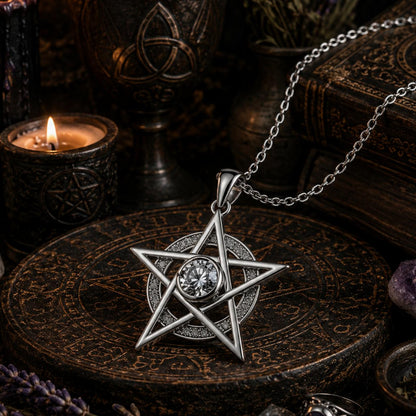 Witchcraft Pentagram Pendant Necklace with Clear Cubic Zirconia Wicca Jewelry-MoonChildWorld