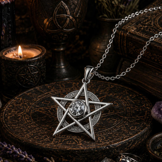 Witchcraft Pentagram Pendant Necklace with Clear Cubic Zirconia Wicca Jewelry-MoonChildWorld