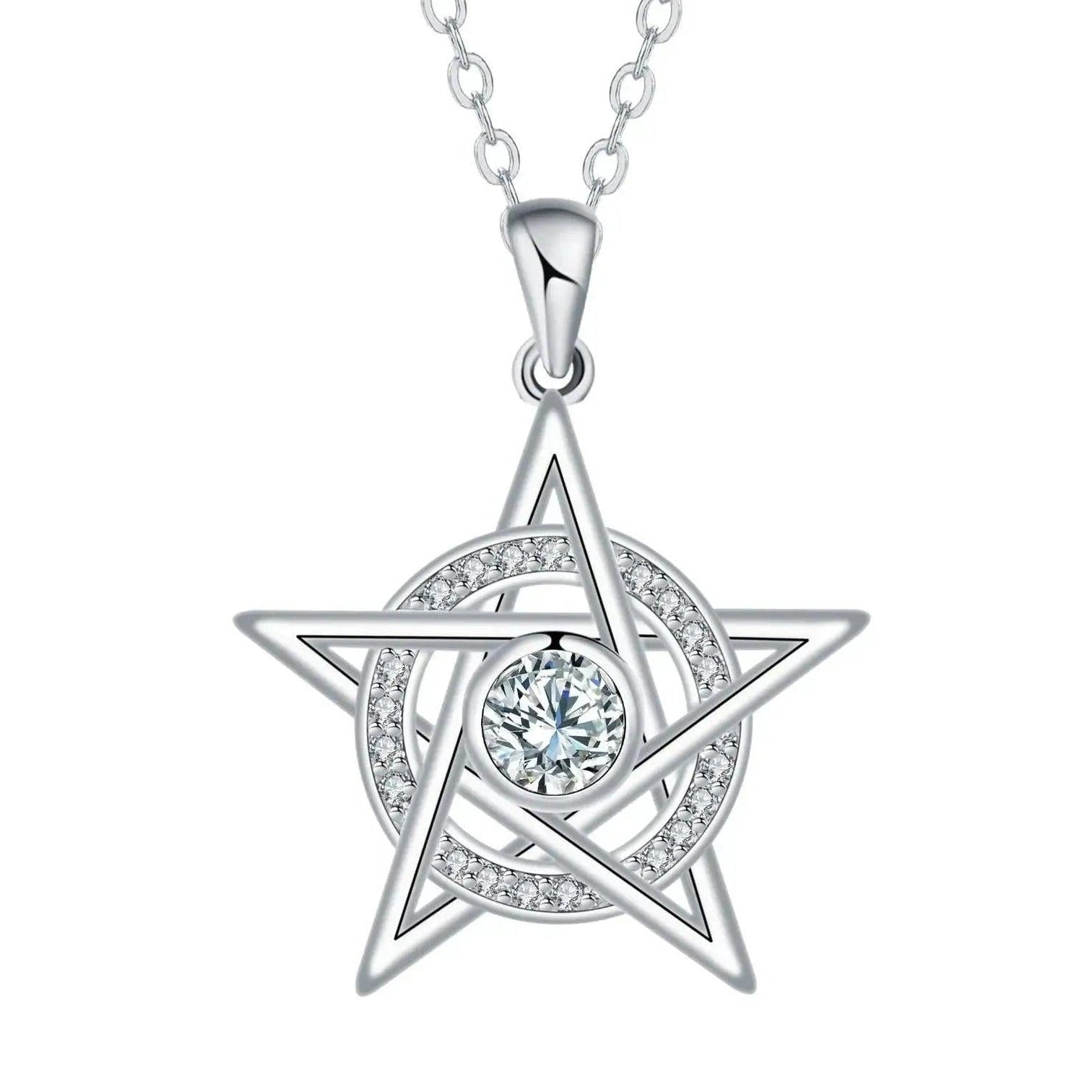 Witchcraft Pentagram Pendant Necklace with Clear Cubic Zirconia Wicca Jewelry-MoonChildWorld