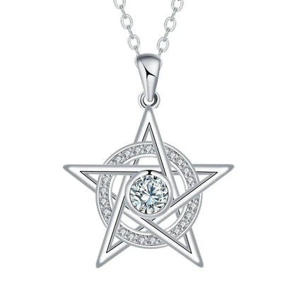 Witchcraft Pentagram Pendant Necklace with Clear Cubic Zirconia Wicca Jewelry-MoonChildWorld