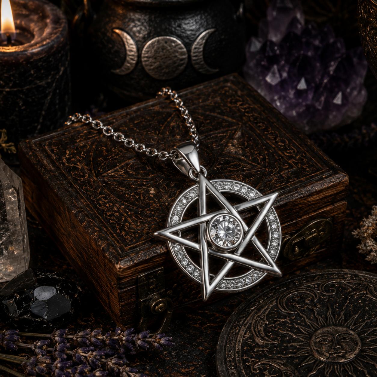 Witchcraft Pentagram Pendant Necklace with Clear Cubic Zirconia Wicca Jewelry-MoonChildWorld