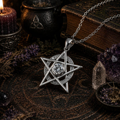Witchcraft Pentagram Pendant Necklace with Clear Cubic Zirconia Wicca Jewelry-MoonChildWorld